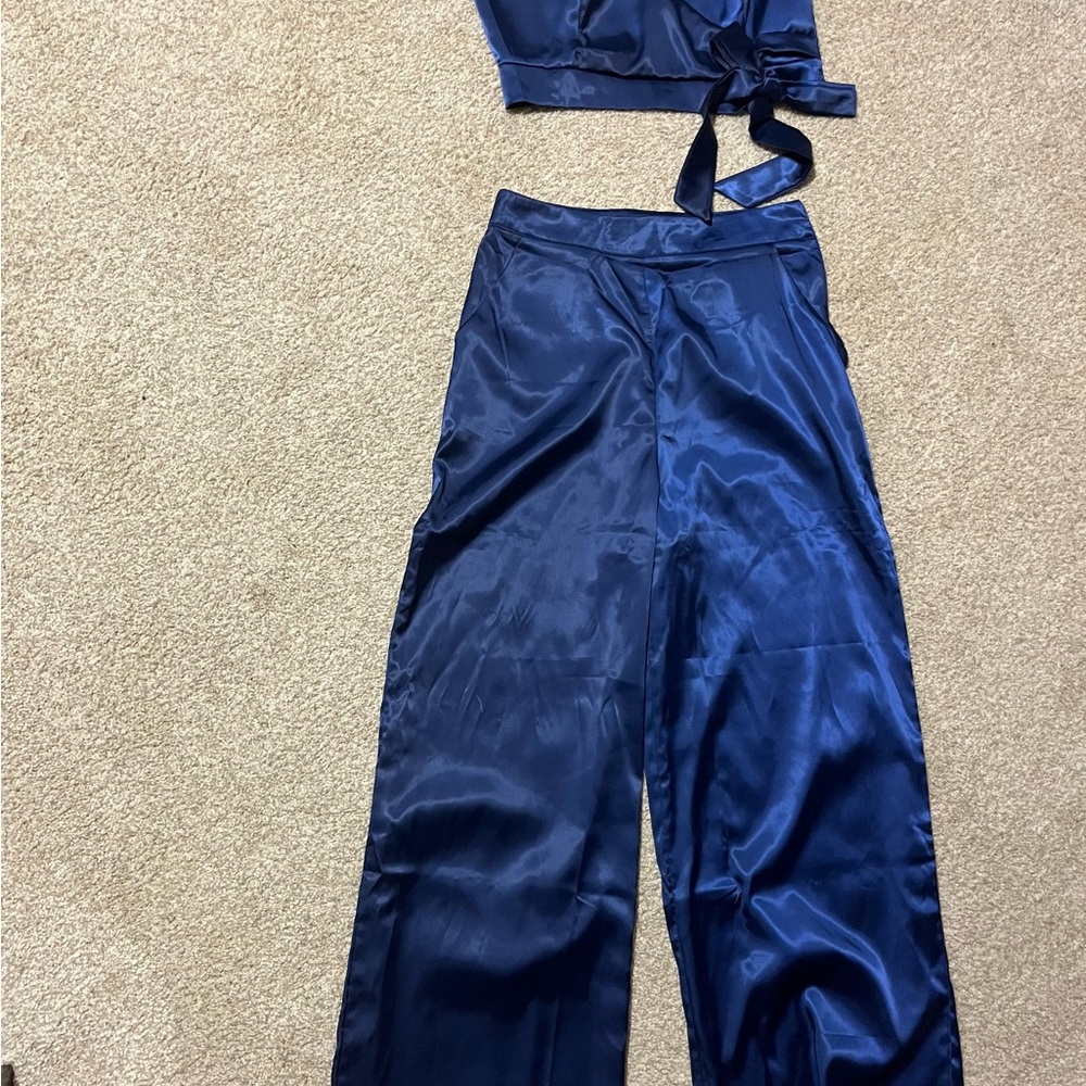 Navy Satin Wide Leg 2 piece outfit.  Never worn